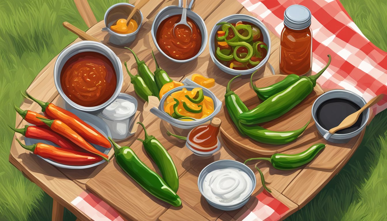 A colorful array of candied jalapeños, barbecue sauces, and grilling tools displayed on a picnic table at a summer BBQ