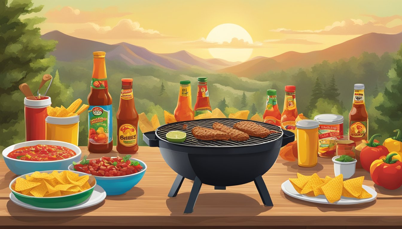 A vibrant outdoor BBQ spread with Buc-ee's items, including spicy salsa, grilling tools, and summer snacks, set against a sunny backdrop