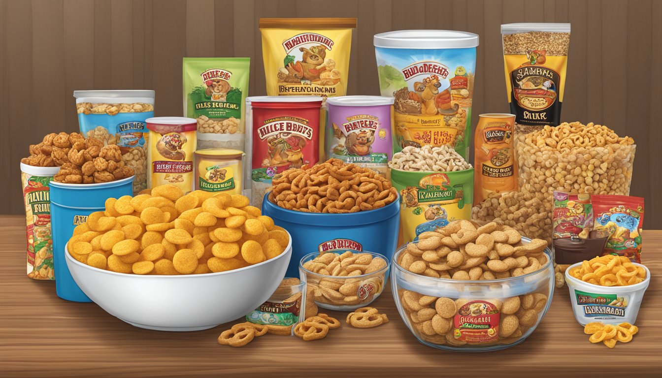 A table set with various Buc-ee's snack products, including Uncle Bubba's Original Snack Mix, arranged for a retirement gift display