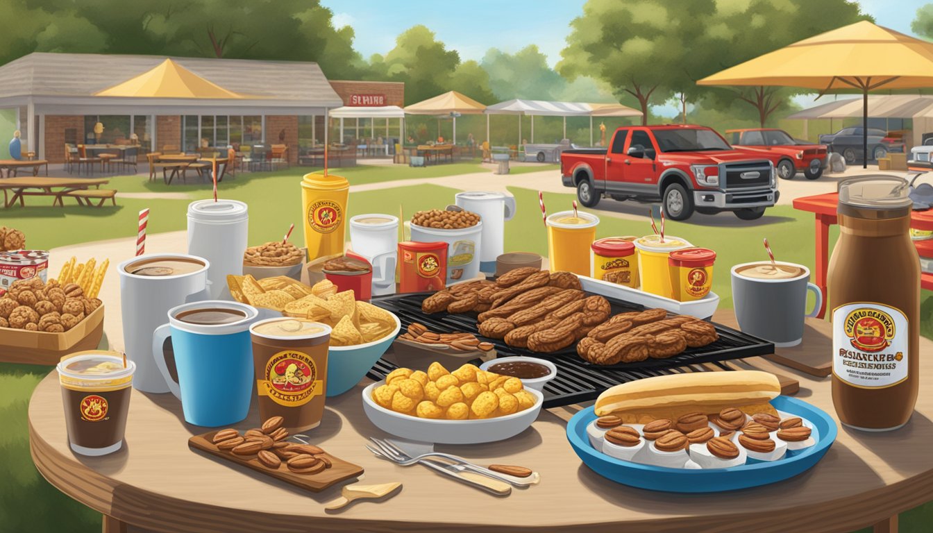 A sunny outdoor BBQ scene with a table spread of Texas Pecan Coffee and 23 Buc-ee's items, including grilling supplies, snacks, and drinks