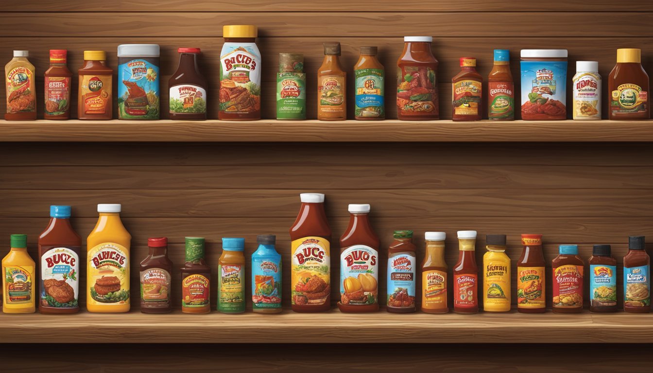 A colorful display of Buc-ee's Texas Round Up BBQ sauce and other products arranged on a wooden shelf with a rustic backdrop