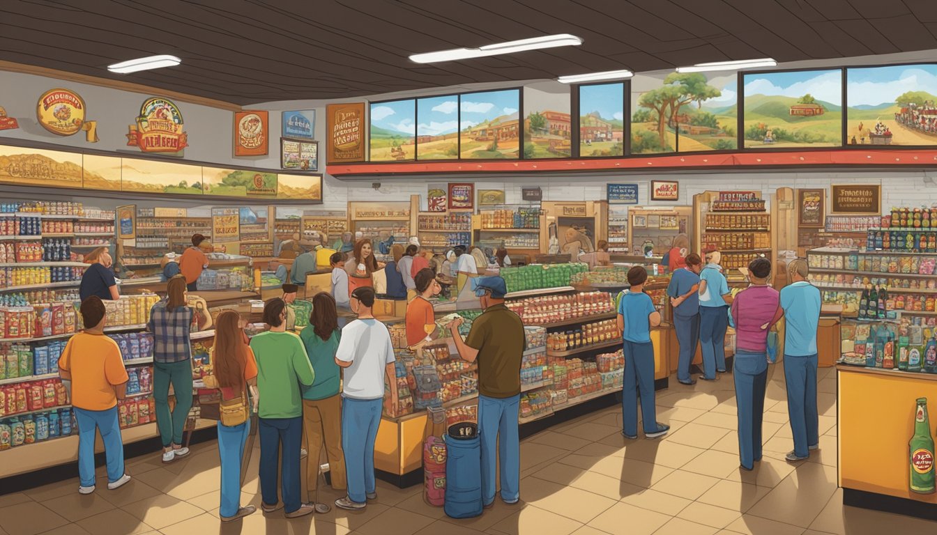 A busy Buc-ee's store with shelves stocked full of local craft beers, surrounded by a bustling crowd of customers browsing the selection