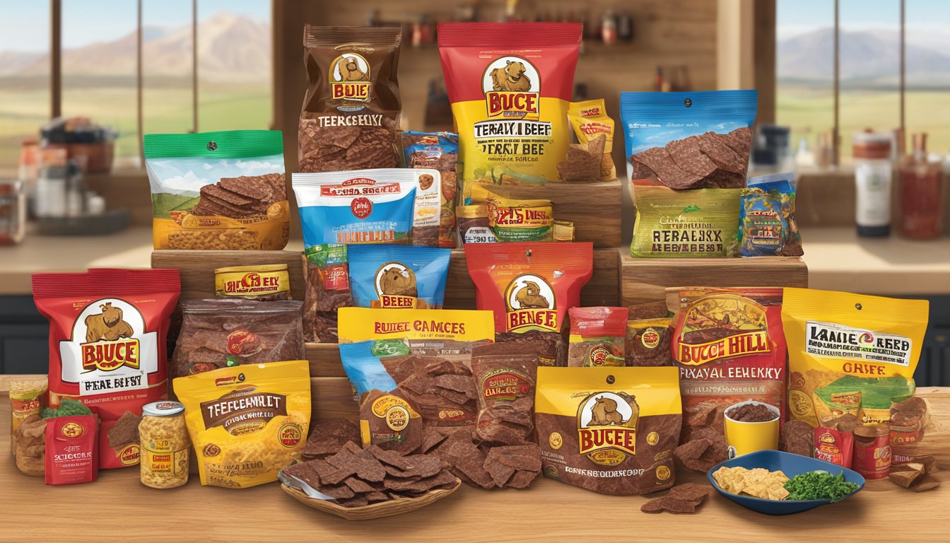 A display of Buc-ee's Hill Country Brand Teriyaki Beef Jerky surrounded by other Buc-ee's products, arranged as retirement gifts