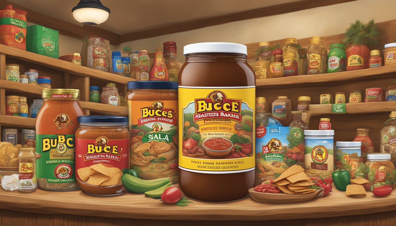 A jar of Buc-ee's Roasted Chipotle Salsa surrounded by other Buc-ee's products, with retirement-themed decorations in the background