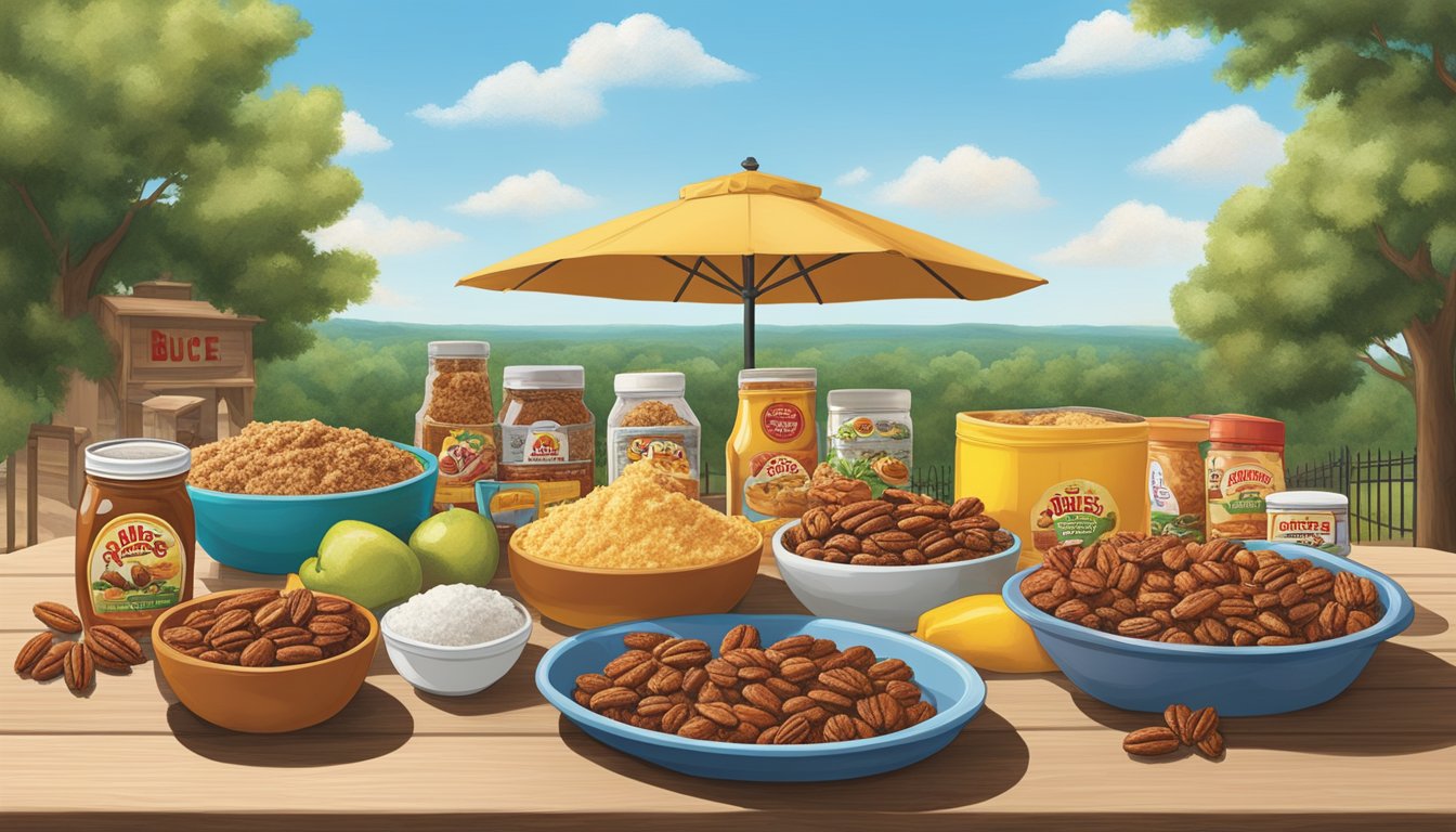 A table spread with Buc-ee's Cinnamon Sugar Pecans and other BBQ items under a sunny summer sky