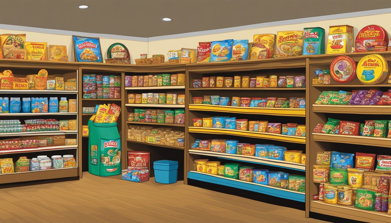 A colorful display of Buc-ee's Texas Tin Candies and other products arranged neatly on shelves, with retirement-themed items featured prominently