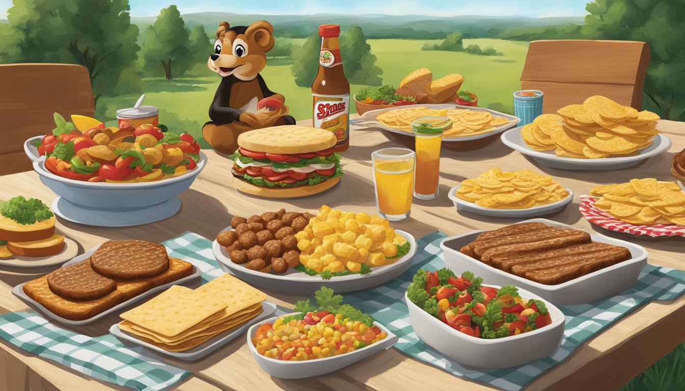 A vibrant outdoor BBQ scene with Buc-ee's Sizzlin Saltines and 22 other Buc-ee's items displayed on a table, surrounded by summer greenery and a sunny sky