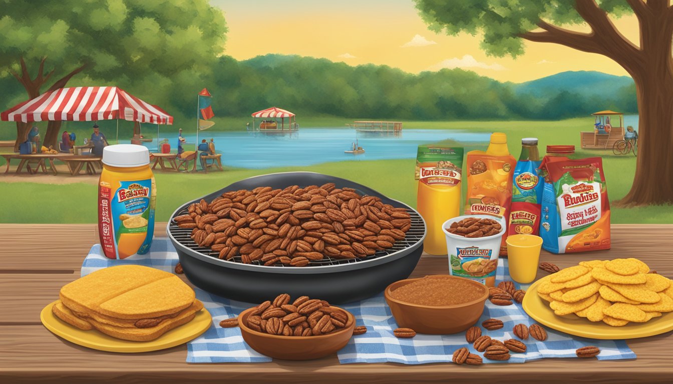 A colorful display of Buc-ee's Sweet & Spicy Pecans and other BBQ items arranged on a picnic table with a summer backdrop