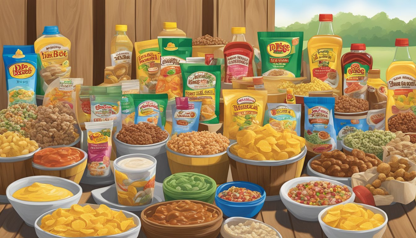 A colorful display of assorted dip mixes and other Buc-ee's items, arranged for a summer BBQ