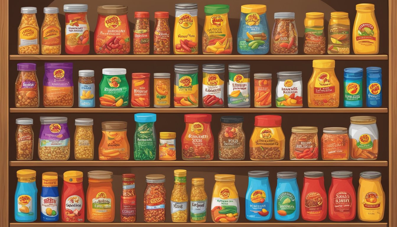 A vibrant display of Buc-ee's Red Chili Dried Mango and other retirement gifts arranged on a shelf in a well-lit store