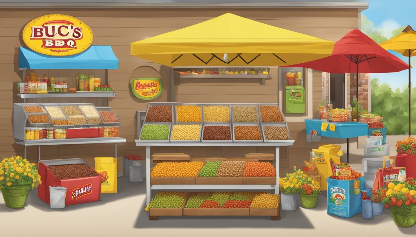 A colorful array of chili lime peanuts, BBQ items, and summer decor displayed at Buc-ee's for a summer BBQ