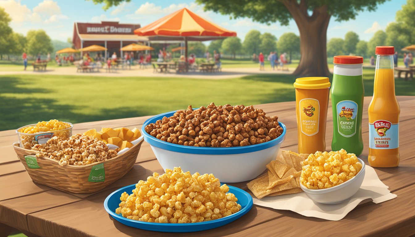 A colorful display of Buc-ee's Caramel Corn and other BBQ items on a picnic table with a sunny summer backdrop