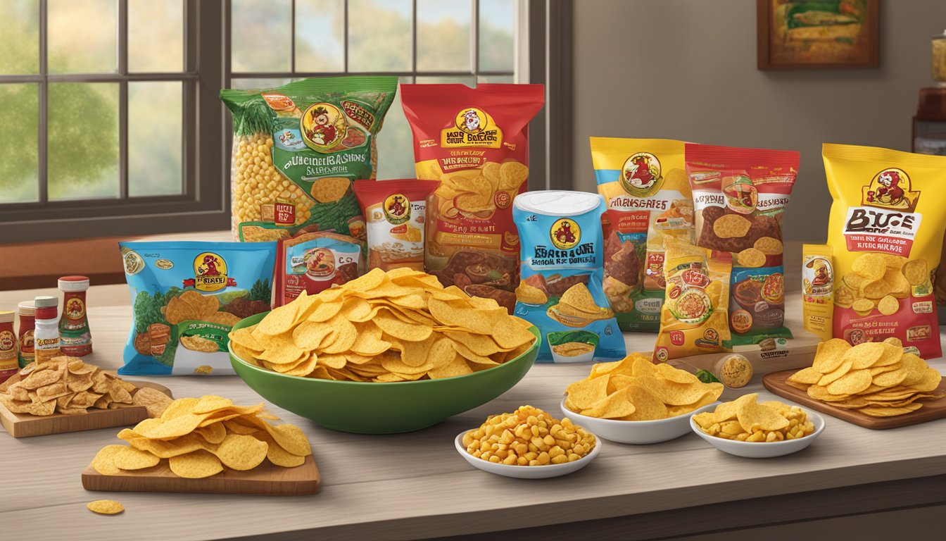 A bag of Buc-ee's Sweet Heat BBQ Corn Chips surrounded by various Buc-ee's products arranged for a retirement gift display