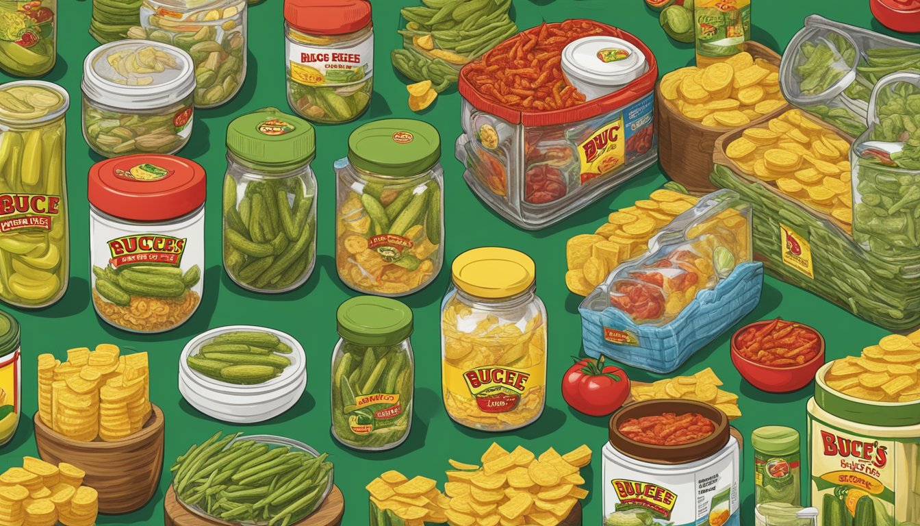 A jar of Buc-ee's Hot & Spicy Dill Pickle Slices surrounded by other Buc-ee's products, arranged as retirement gifts