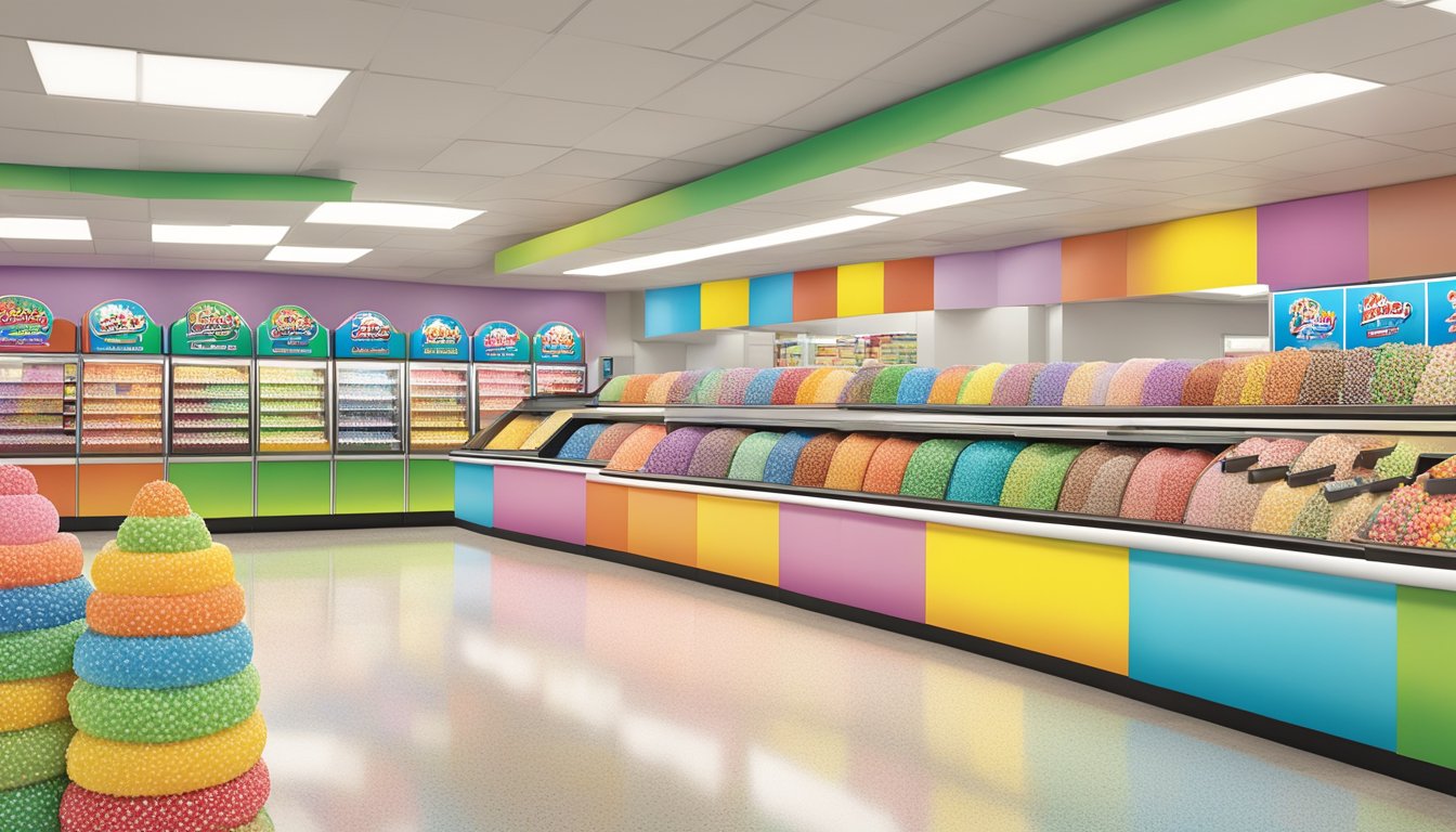 A colorful display of Dippin' Dots ice cream flavors at a Buc-ee's convenience store, with a bustling and lively atmosphere