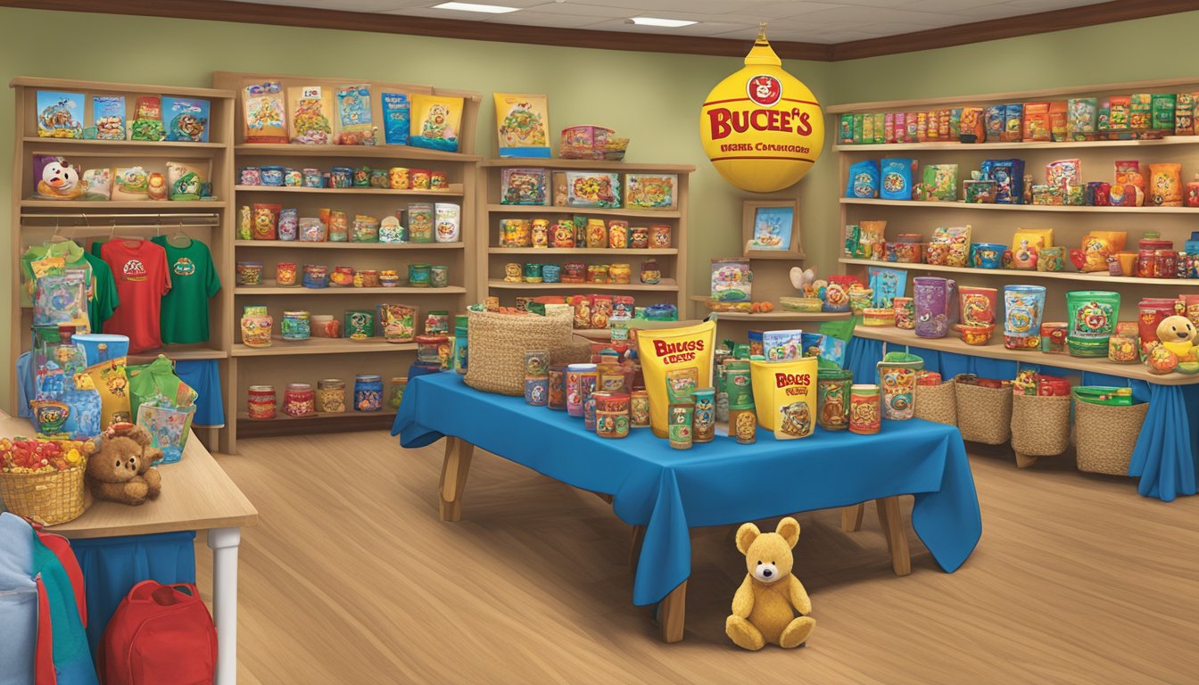 A table displaying various Buc-ee's products such as mugs, t-shirts, and plush toys, arranged neatly with retirement-themed decorations