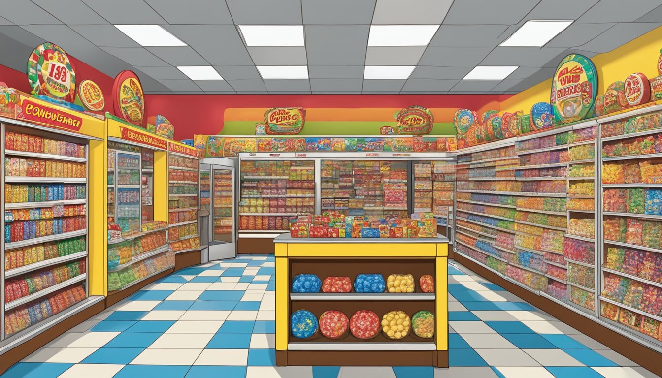 A colorful wall of candy with 19 reasons why Buc-ee's is a unique convenience store, featuring various candy packages and displays