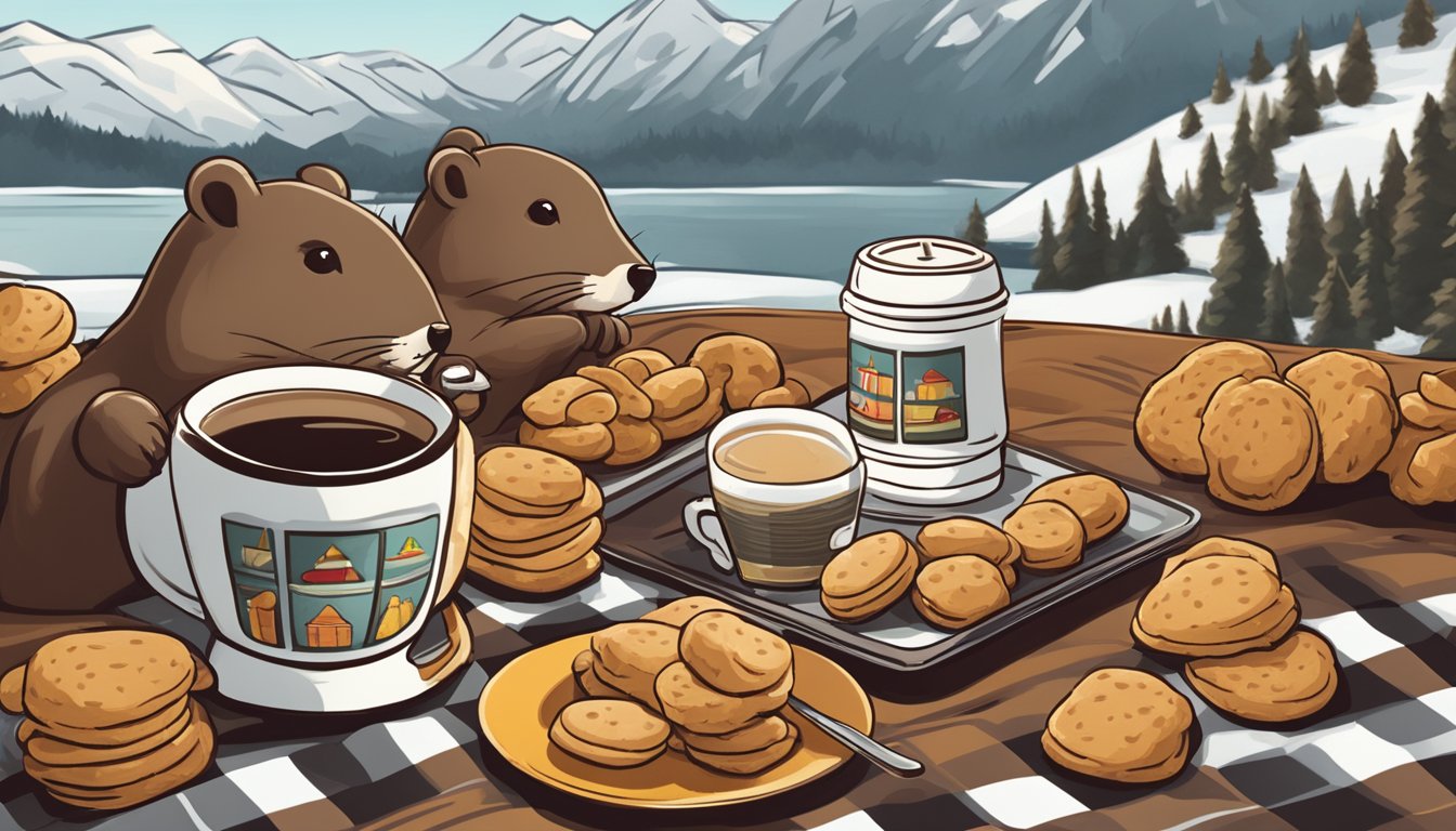 A cozy winter road trip scene with a pile of Beaver Nuggets and other Buc-ee's items on a checkered blanket next to a warm cup of coffee