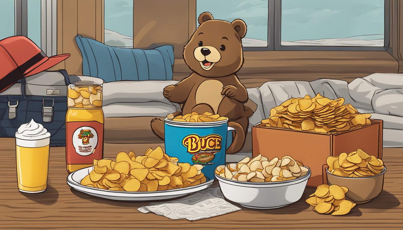 A cozy winter road trip scene with Buc-ee's Beaver Chips and other items laid out on a table, ready to be packed for the journey