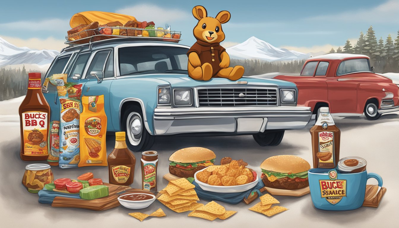 A winter road trip scene with a Buc-ee's BBQ sauce bottle alongside other Buc-ee's items, such as snacks and travel essentials, laid out on a cozy blanket