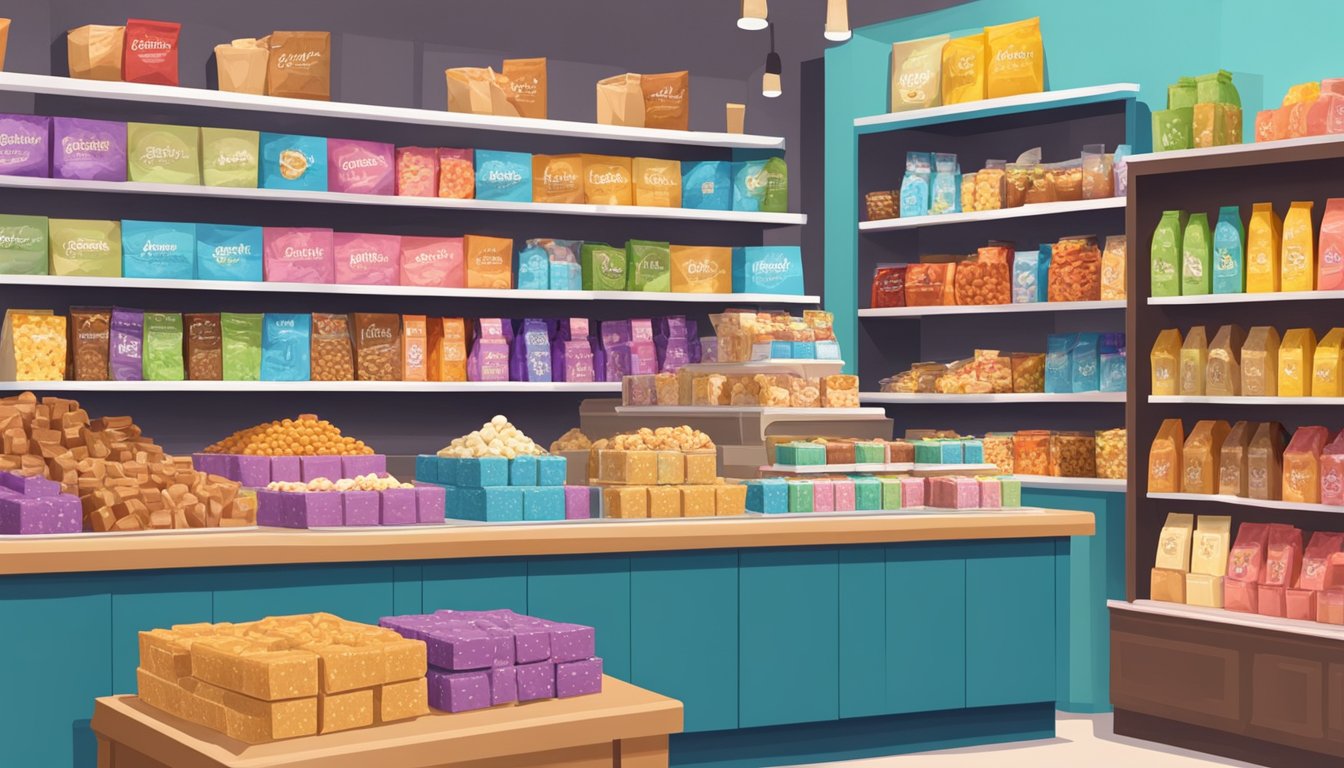 A display of freshly made fudge surrounded by colorful packaging and signage, with shelves of assorted snacks and drinks in the background