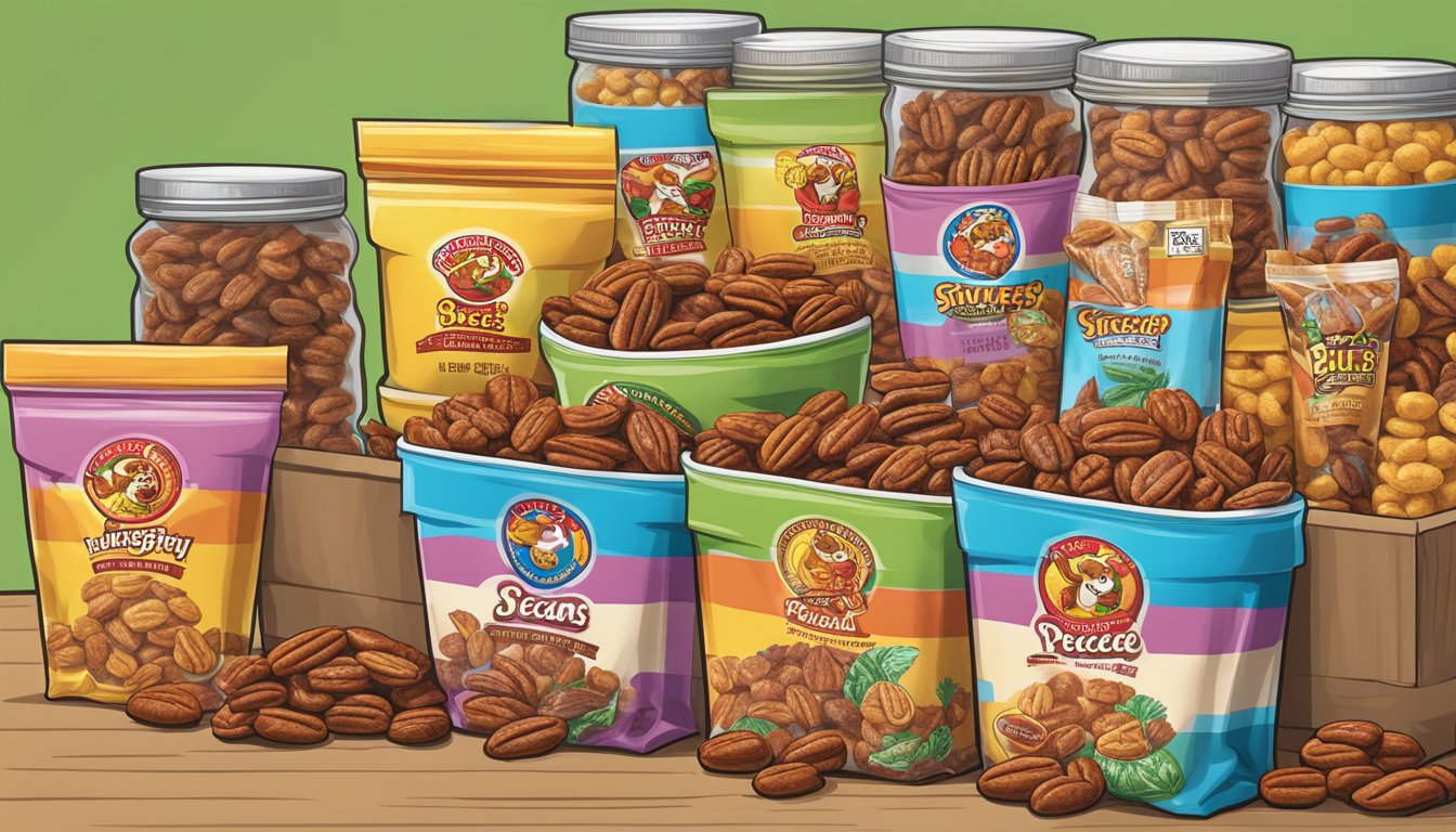 A colorful array of sweet and spicy pecans displayed in a Buc-ee's snack pack, alongside other treats, ready to be packed for a fun day at the amusement park