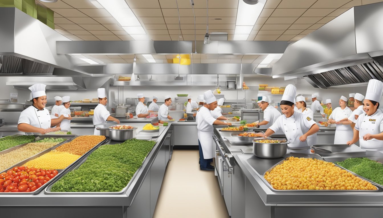 A bustling kitchen at Buc-ee's, with chefs preparing made-to-order meals amidst a colorful display of fresh ingredients and cooking equipment