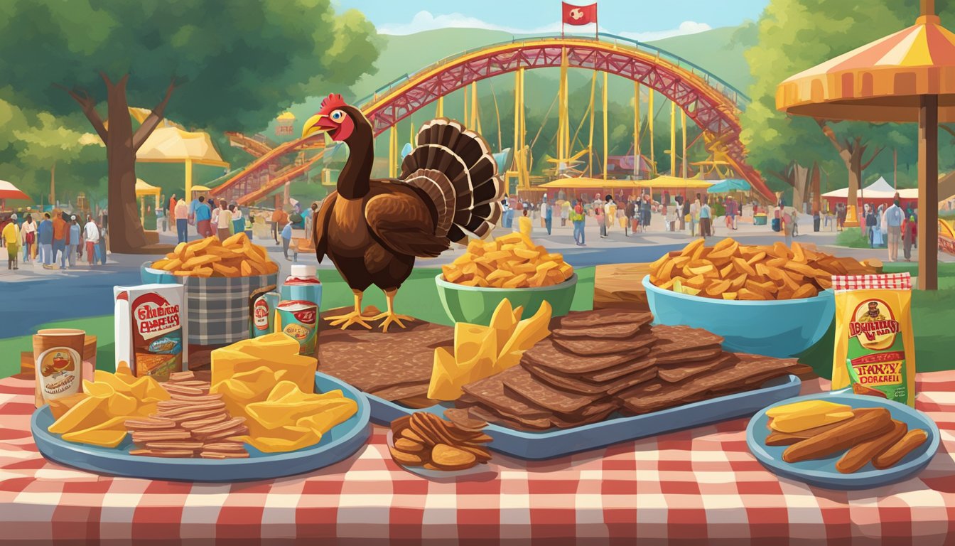 A colorful display of Hill Country Turkey Jerky and other Buc-ee's snacks arranged on a picnic blanket in front of a roller coaster at an amusement park