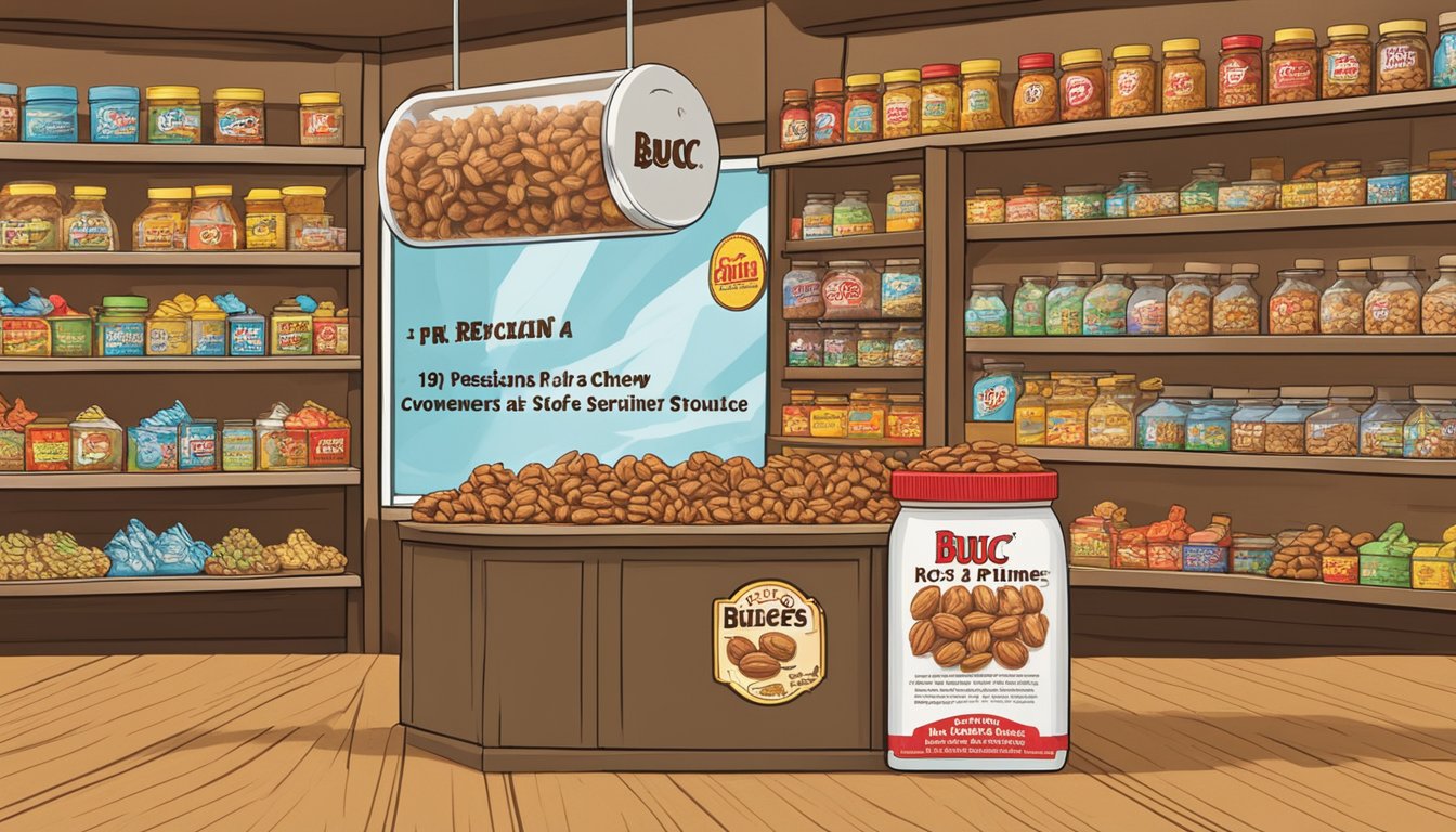 A glass jar filled with chewy pecan pralines sits on a wooden shelf next to a sign listing "19 Reasons Why Buc-ee's is a Convenience Store Like No Other."