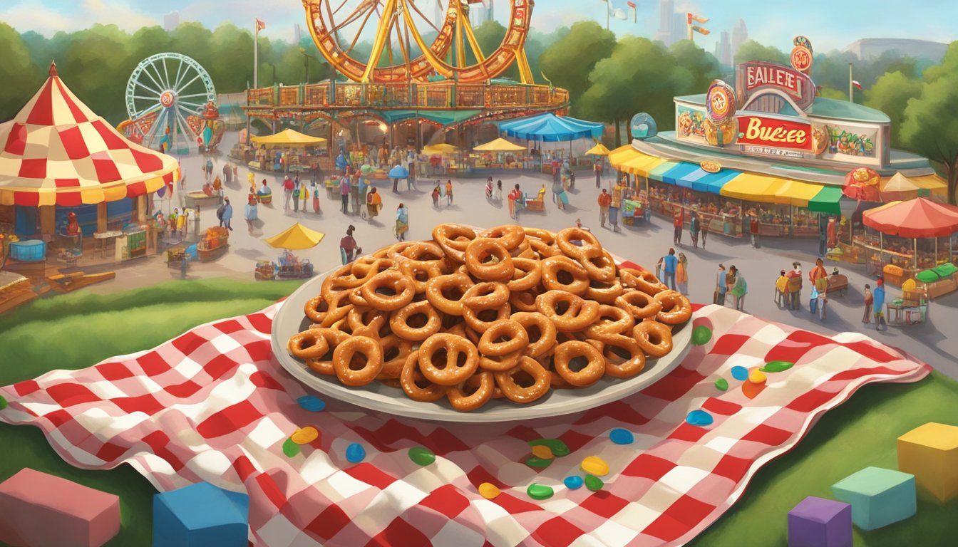 A pile of salted caramel pretzels sits on a checkered picnic blanket, surrounded by other Buc-ee's snacks. In the background, a colorful amusement park with rides and attractions