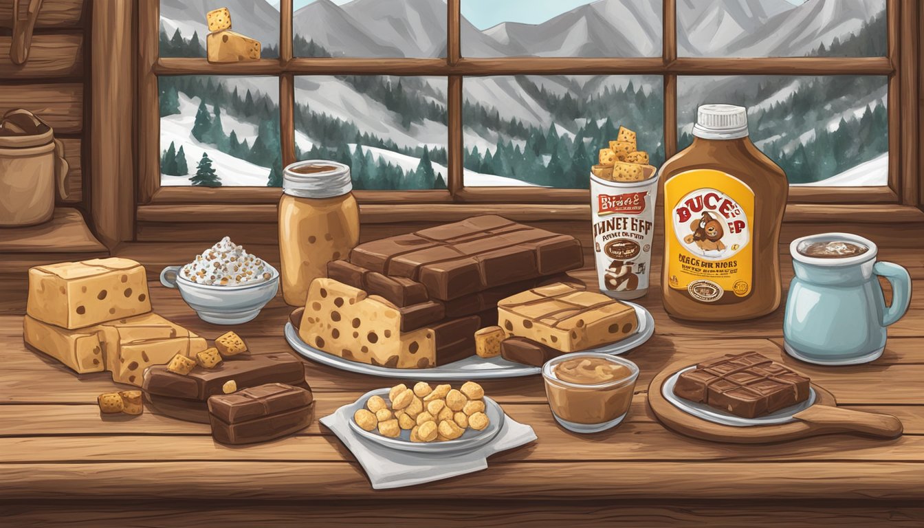 A cozy winter road trip scene with Buc-ee's fudge and other travel essentials laid out on a rustic wooden table