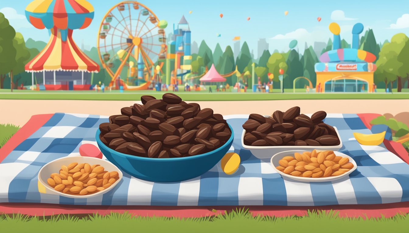 A pile of dark chocolate almonds and other snacks arranged on a picnic blanket with an amusement park in the background