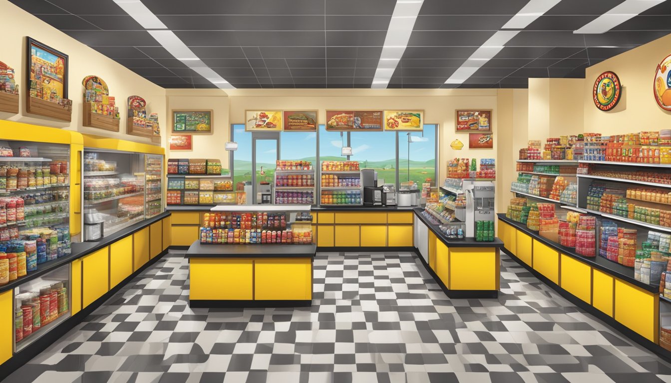 A bustling Buc-ee's convenience store with shelves of exclusive coffee blends and a vibrant, inviting atmosphere