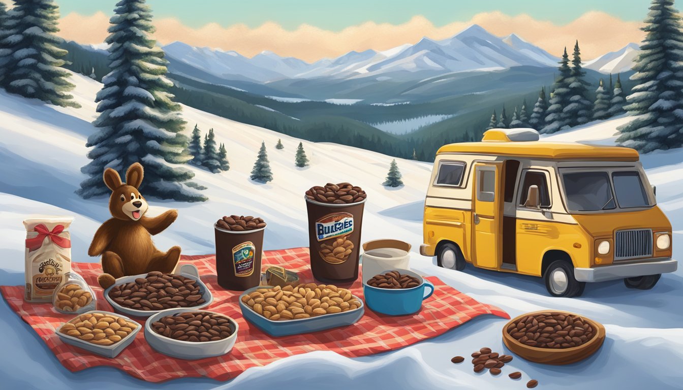 A cozy winter road trip scene with Buc-ee's Dark Chocolate Almonds and other items laid out on a plaid blanket surrounded by snowy mountains and pine trees