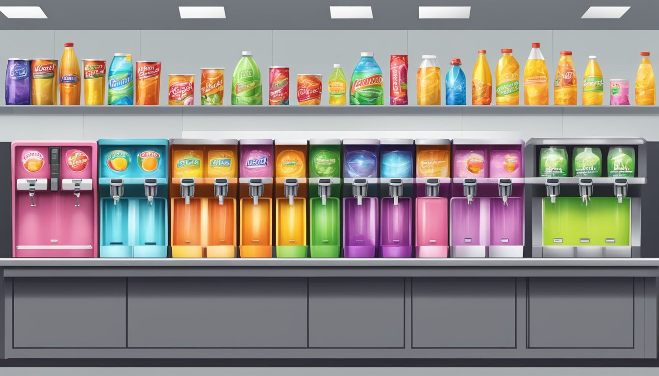 A row of colorful fountain drink dispensers, each offering a different flavor, surrounded by shelves stocked with various convenience store items