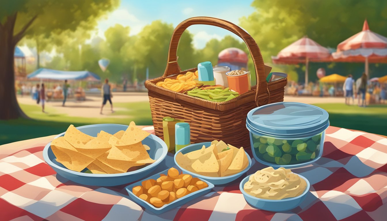 A picnic basket with a variety of snacks, including a container of roasted garlic hummus, sits on a checkered blanket in the shade of a tree at an amusement park