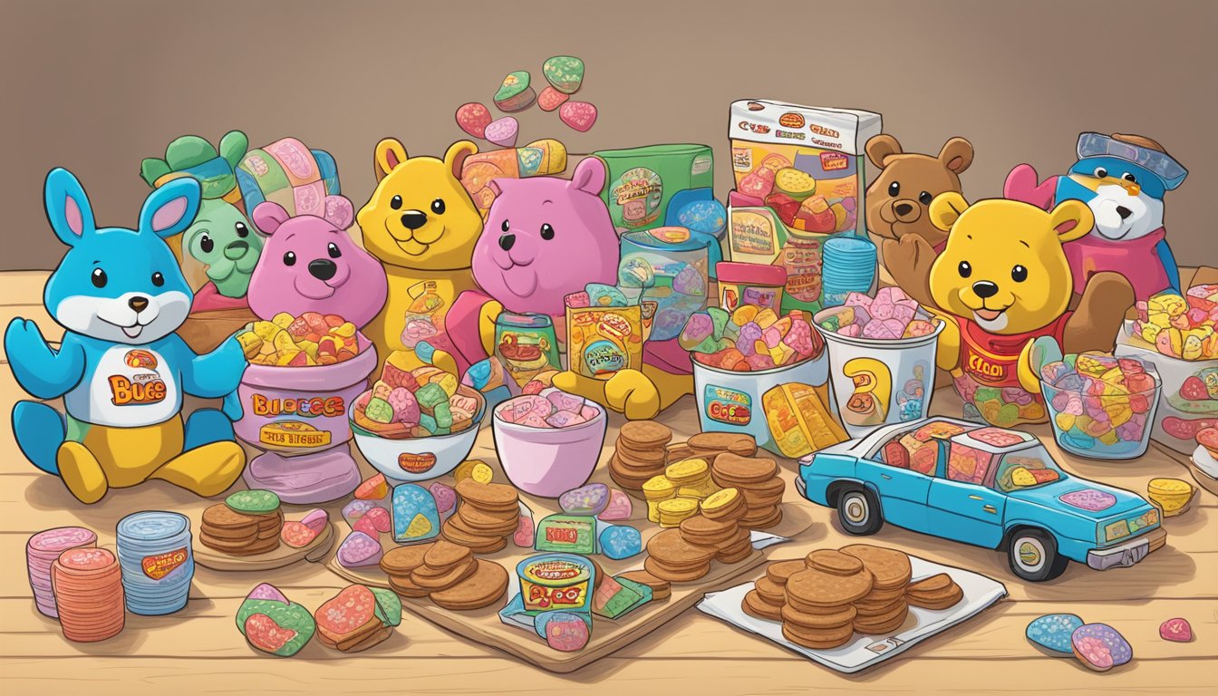 A cozy winter road trip scene with Buc-ee's Conversation Hearts and 14 other Buc-ee's items arranged on a table, ready to be packed into a car