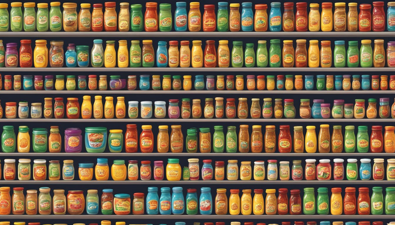 Colorful shelves display a wide variety of salsa jars, neatly organized in rows, creating a vibrant and inviting display at Buc-ee's convenience store