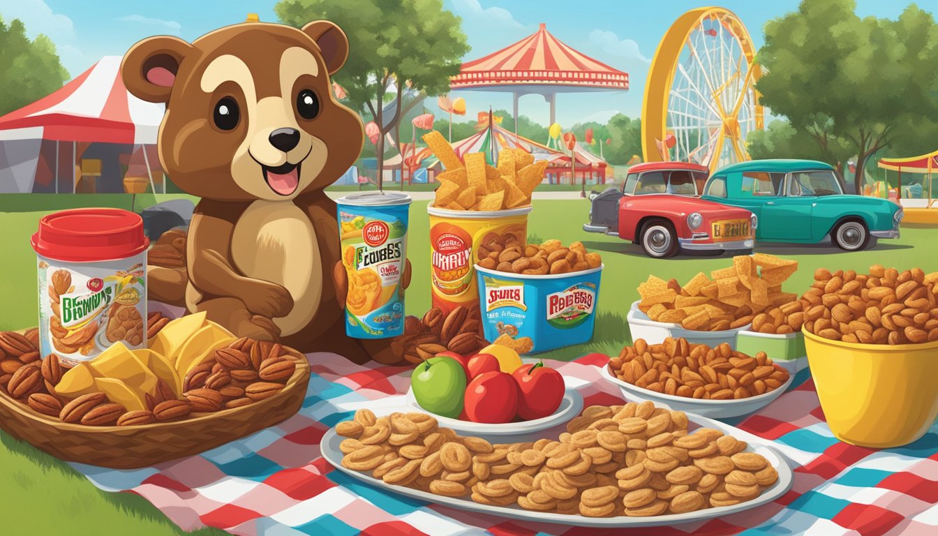 A colorful assortment of pecan divinity and Buc-ee's snacks arranged on a picnic blanket with a rollercoaster and Ferris wheel in the background