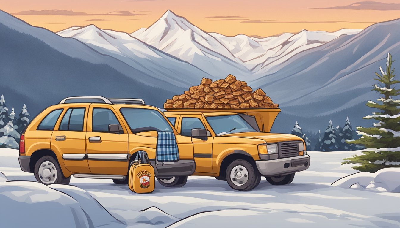 A pile of Buc-ee's Pecan Brittle and other winter road trip items arranged on a cozy plaid blanket next to a car window with snowy mountains in the background