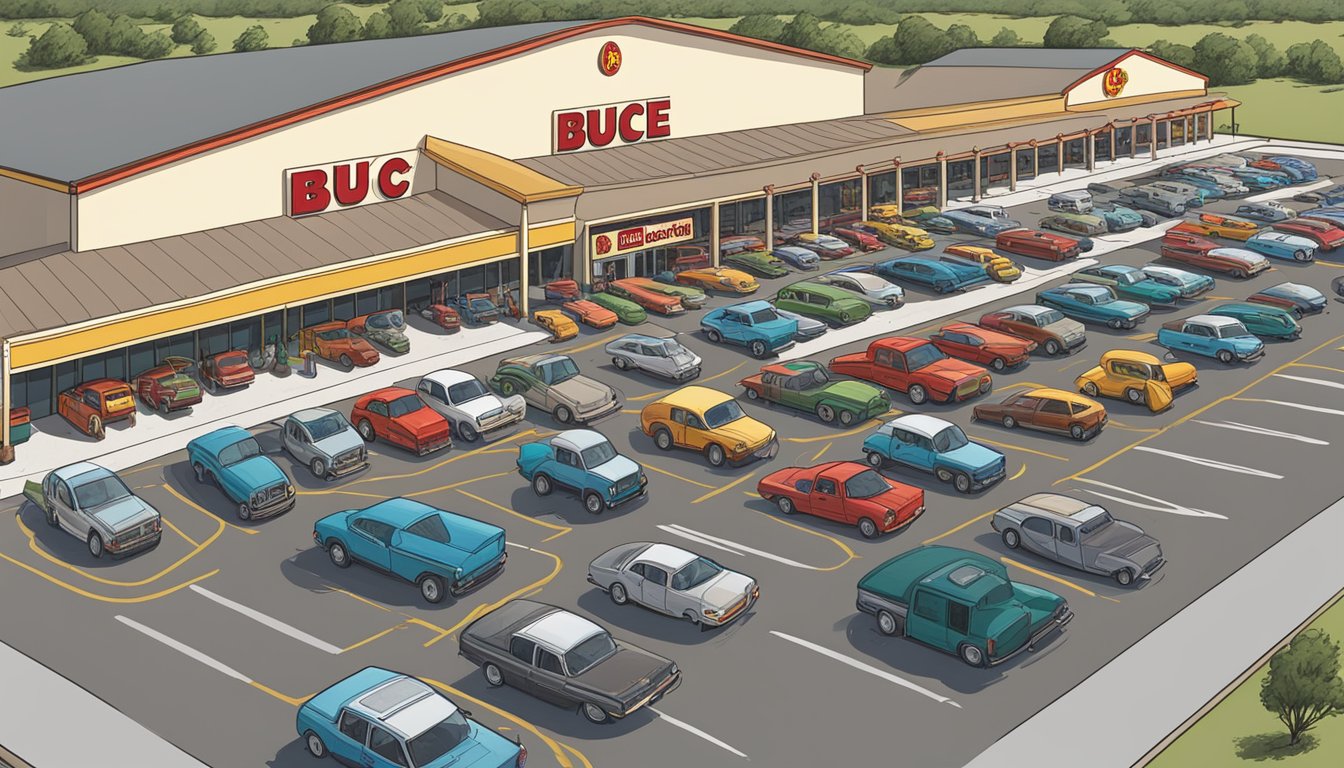 A sprawling parking lot with rows of vehicles, leading to the iconic Buc-ee's convenience store