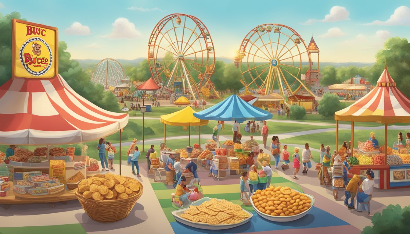 A colorful display of Buc-ee's snacks arranged on a checkered picnic blanket with a roller coaster and ferris wheel in the background