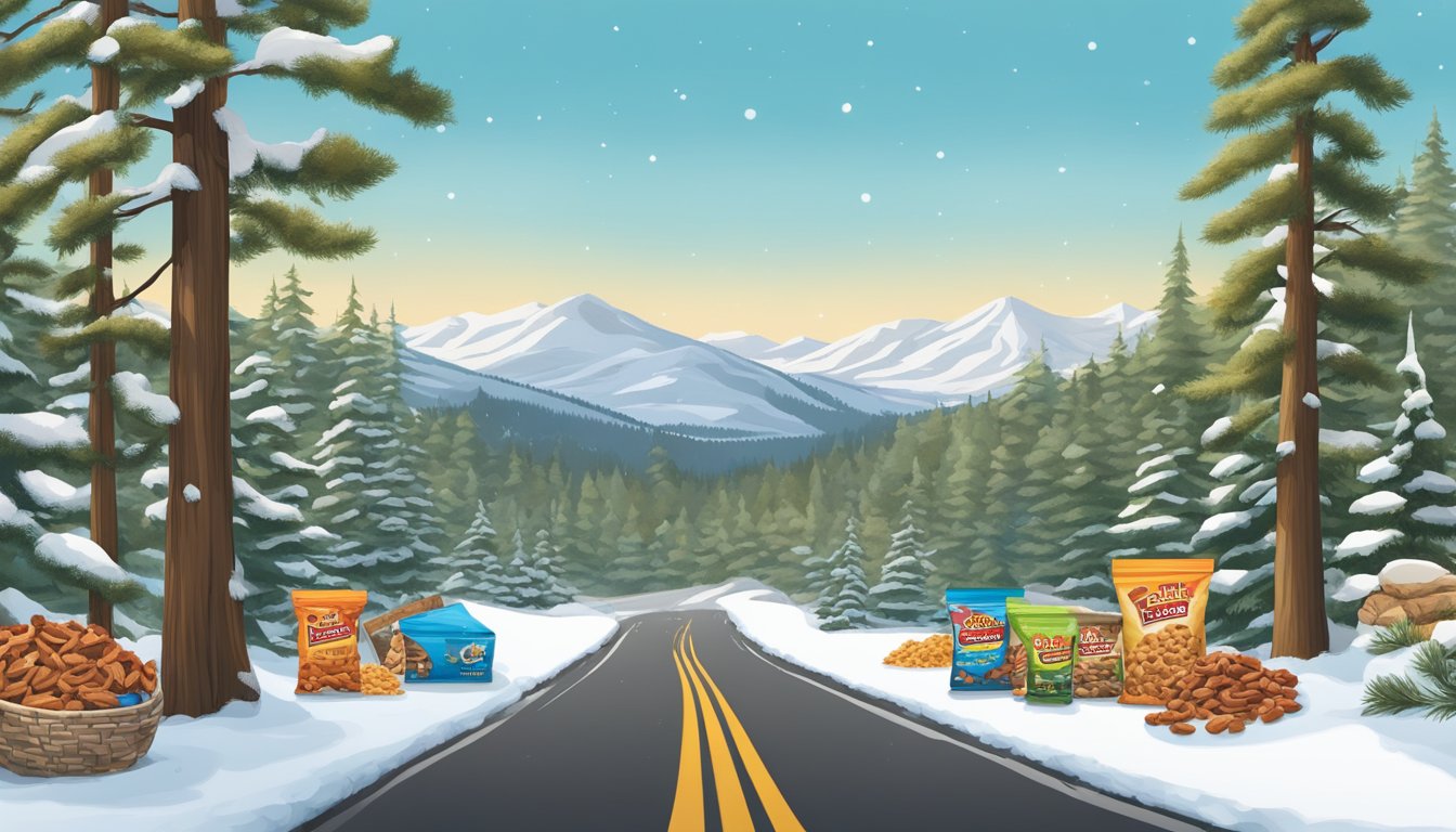 A snowy road winding through a forest, with a pile of Buc-ee's Trail Mix and other winter road trip essentials stacked neatly in the foreground