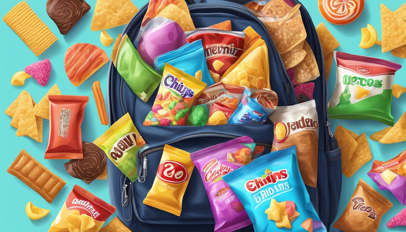 A colorful array of snacks arranged neatly in a backpack, including chips, jerky, and candy, ready to be enjoyed at the amusement park