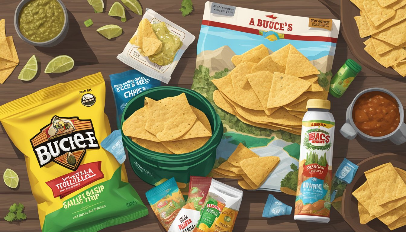 A bag of Buc-ee's Salsa Verde Tortilla Chips sits next to a pile of winter road trip essentials, including snacks, drinks, and a map