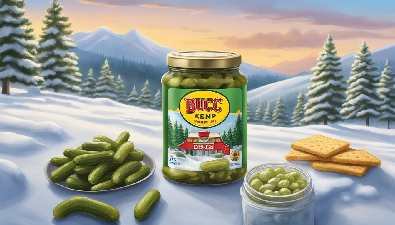 A jar of Buc-ee's Whole Kosher Dill Pickles sits among other road trip essentials, like snacks and drinks, on a snowy winter landscape