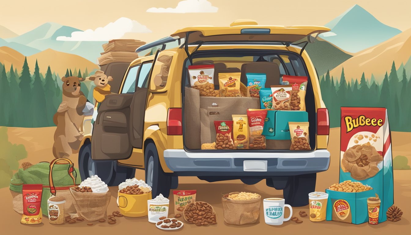 A cozy winter road trip scene with a bag of Buc-ee's Southern Pecan Coffee Beans surrounded by 15 other Buc-ee's items, such as snacks and travel essentials