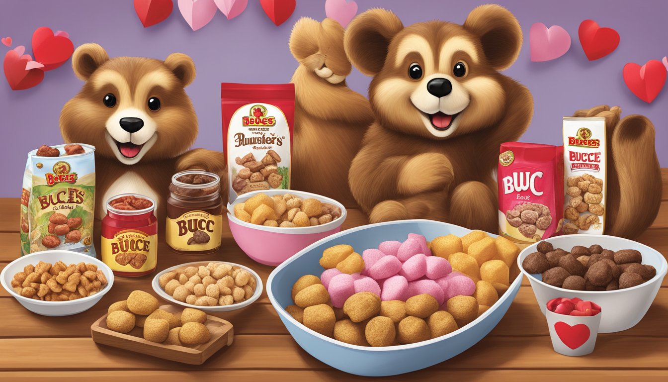 A table with a variety of Buc-ee's products, including Beaver Nuggets, arranged as potential Valentine's Day gifts