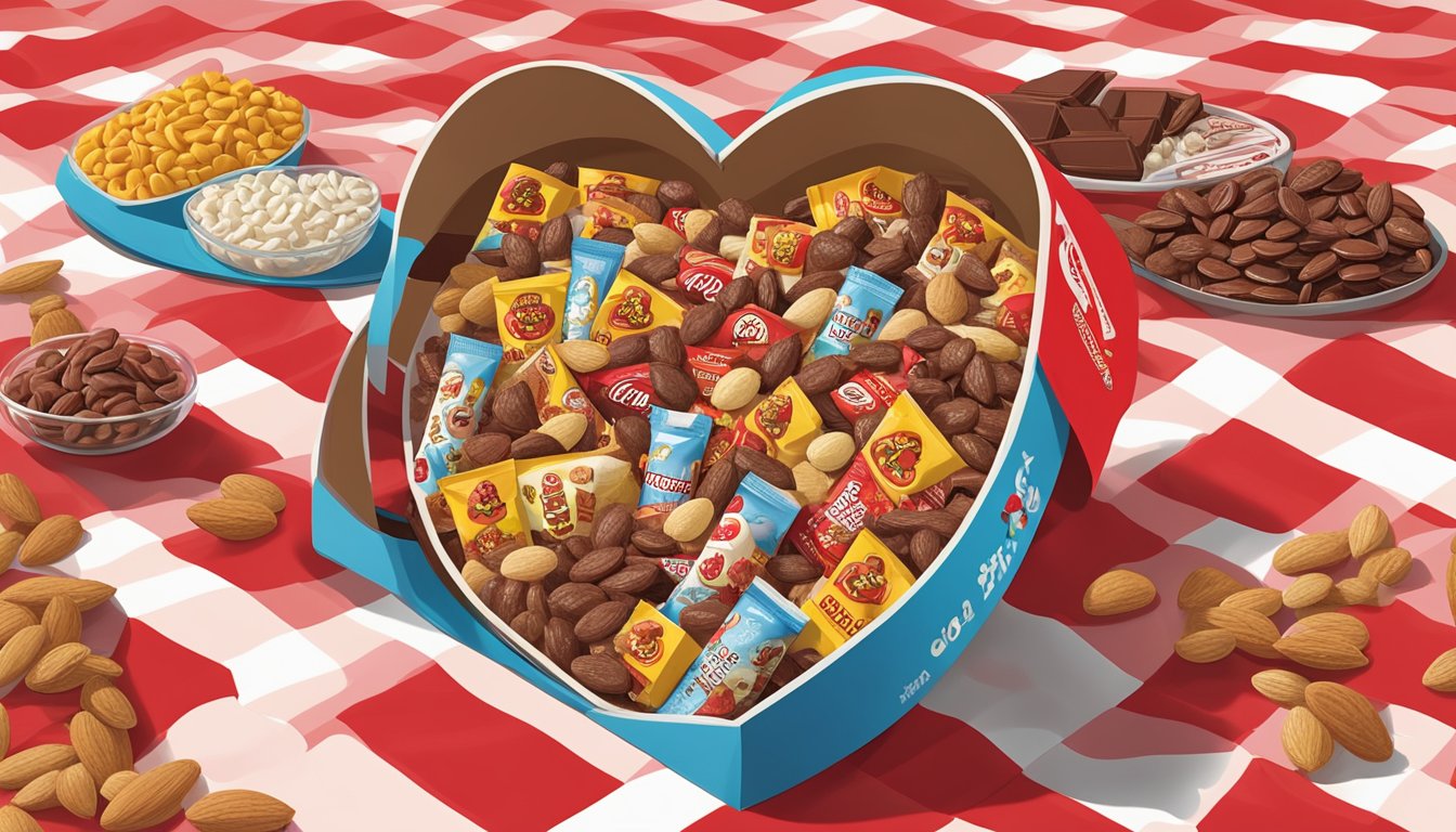 A heart-shaped box filled with Buc-ee's Chocolate Covered Almonds surrounded by other Buc-ee's products, such as beef jerky and taffy, on a red and white checkered tablecloth