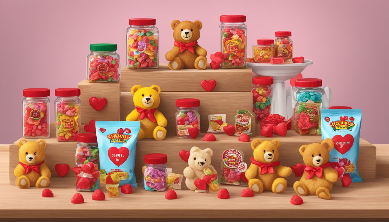 A display of Buc-ee's Cinnamon Gummy Bears and other products arranged for Valentine's Day gifting